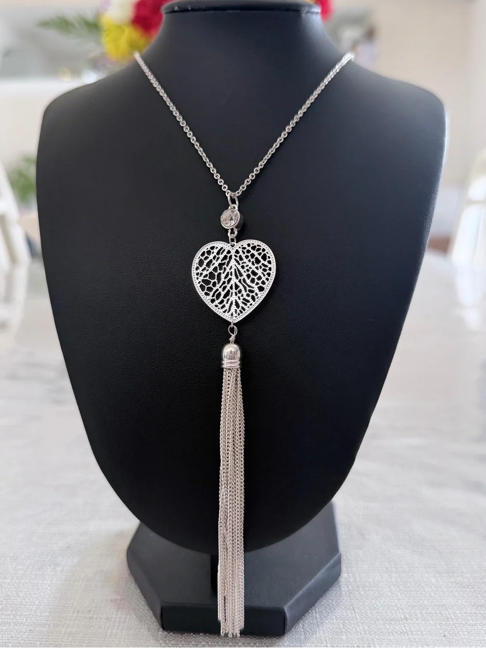 Lauren Conrad Silver Heart Filigree Tassel Necklace - 32 in - Picture 1 of 6